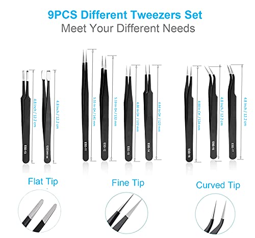 YHYZ 9PCS Precision Tweezers Set, Premium Anti-Static Stainless Steel Precise Tweezers (Fine, Curved, Flat), for Craft, Electronic, Soldering, Model, Hobby, Jewelry Making, Laboratory - style: 9pcs with case, V1