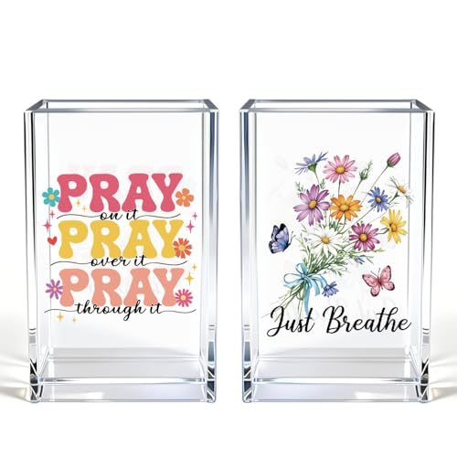 Just breathe 2 Pack Acrylic Cosmetic Pencil Pen Holder Cup, Hope Inspirational Makeup Brush Organizer Holder, Women Faith Gifts, Christian Encouragement Gifts for Women Mom Daughter Teacher - style: Pray Breathe 2