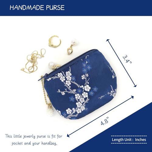 Handmade Women Coin Purse Brocade Rosary Bag Silk Jewelry Pouch Zipper Wallet - Navy - color: Navy