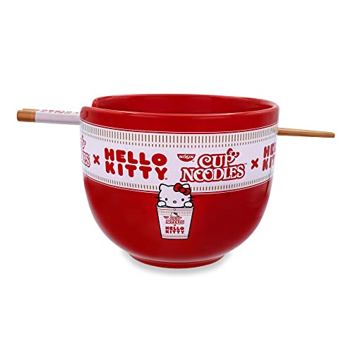 Silver Buffalo Sanrio Hello Kitty x Nissin Cup Noodles Red Ceramic Dinnerware Set | Includes Ramen Noodle Bowl and Wooden Chopsticks - color: Red