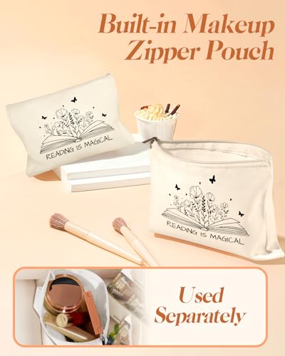 Miss Adola Canvas Tote Bag with Matching Makeup Pouch - color: Books Blossoms