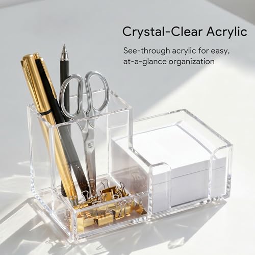 HBlife Acrylic Pen Holder for Desk, 3-Compartment Small Desk Organizer, Clear Office Supplies Desk Accessories with Sticky Notes Holder Stores Post It Notes 3X3 for Office, Home and School - color: Clear, size: 6.35”x 3.35” x 3.6”