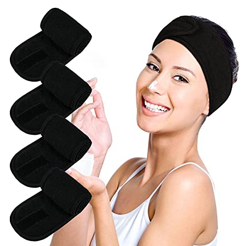 Facial Spa Headbands for Washing Face 4 PCS Makeup Shower Bath Wrap (Black) - color: Black