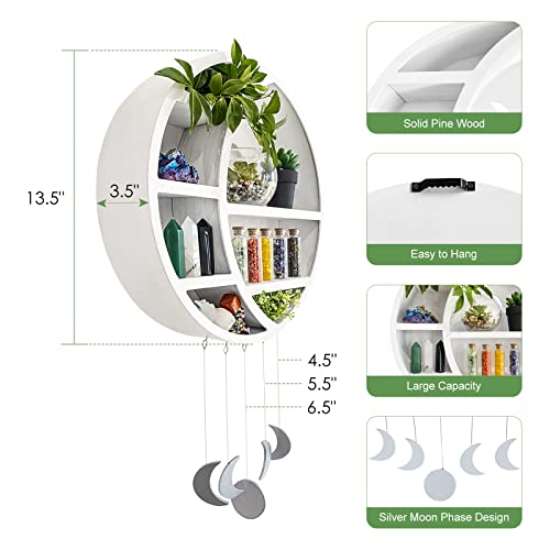 Wooden Crescent Moon Shelf - Round Wall Crystal Shelf, Witchy Circle Decor - color: White