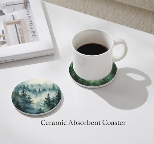 Nikyi 6 Pcs Green Forest Ceramic Absorbent Coasters, Round Drink Coaster with Metal Holder & Cork Base, Watercolor Misty Forest Coasters for Coffee Table Kitchen Bedroom Living Office Home Decor Gifts - color: Green Forest
