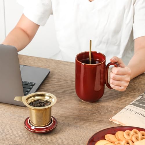 vicrays Ceramic Tea Mug Infuser - Large Cup 16 oz Hot Loose Steeping Handle Teacup with Leaf Infuser Spoon Lid - Tall Glazed Strainer Coffee Mug Microwave Safe - Cherry Red - color: Cherry Red