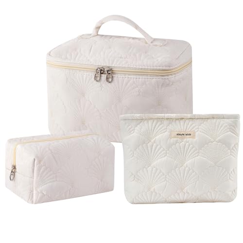 RSRSLEII 3Pcs Quilted Cotton Seashell Makeup Bag, Travel Toiletry Bag,White - color: 08 3Pcs White