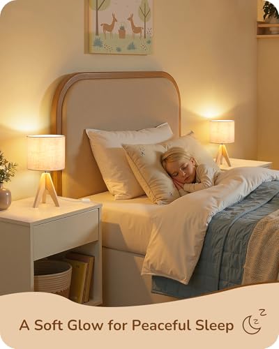 EDISHINE Small Table Lamp, Boho Bedside Lamp, Linen Fabric Shade, 14.2 Inch - color: Natural Wood&Beige Shade