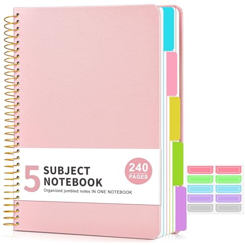 5 Subject Notebook College Ruled with Removable Pocket Dividers Tabs, 240 Pages Spiral Notebook 8.5 x 11, Lined Journal Notebook for Women , Hardcover Notebooks for Work School Note taking A4 Pink - color: Pink, size: A4