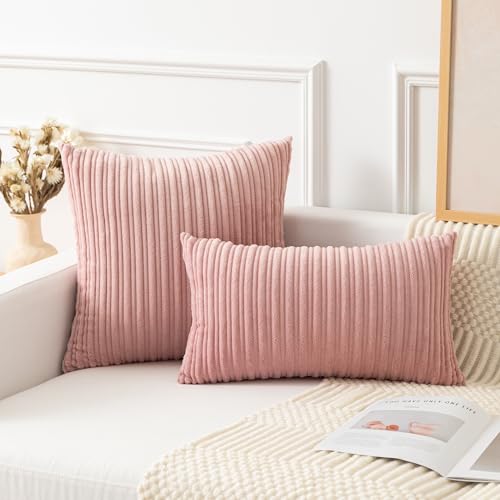 Kevin Textile Striped Corduroy 16”x16” Pillow Covers 2 Pack, Baby Pink - color: Baby Pink, size: 16" x 16" (Pack of 2)