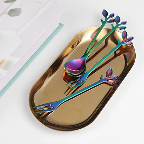 AnSaw 10-Pc Rainbow Mini Spoons & Forks Set, 4.7" - Leaf Handle - color: Rainbow