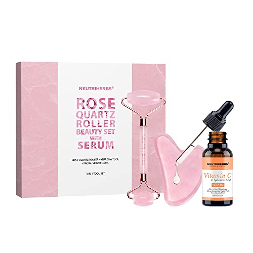 NEUTRIHERBS Jade Gua Sha & Face Roller & Vitamin C Serum Facial Tool Set(3 in 1 Kit), Home Face Massager for Wrinkle,Fine Line,Puffiness,Firm Smooth Relax Skin -- Pink - color: Pink