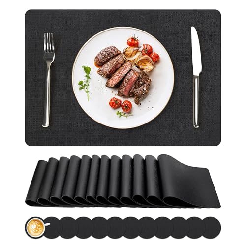 NCUE Vinyl Placemats Set of 12, 17"x12" Wipeable Place Mats with Coasters - color: Black, size: Set of 12