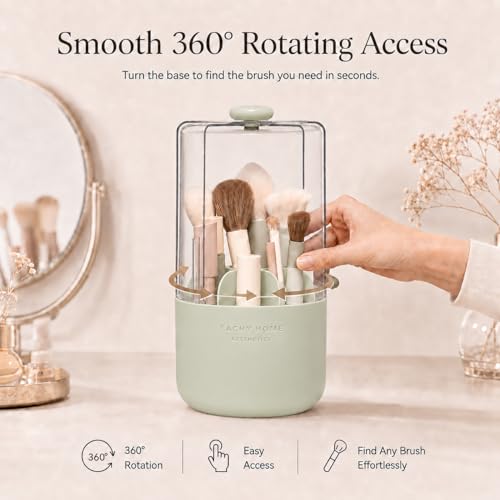EACHY Makeup Brush Holder with Lid, Rotating Makeup Brush Organizer, Green - color: Green