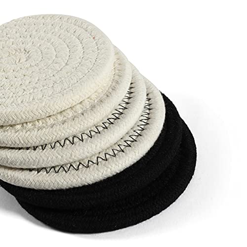 OrganiHaus Drink Coasters Set of 6, Absorbent Cotton Woven Cup Coasters, Rustic Farmhouse Boho Decor for Coffee Table and Drinks Protection, Cute Coaster for Drinks - Black/Off-White - color: Black/Stitches/White