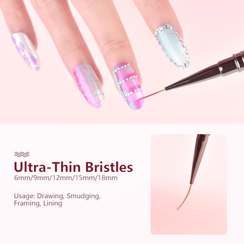 KADS Fine Liner Nail Brush Metal Handle Nail Painting Design Brush Drawing Pen 6mm 9mm 12mm 15mm 18mm (Set of 5Pcs) - color: Set of 5Pcs (All Sizes)
