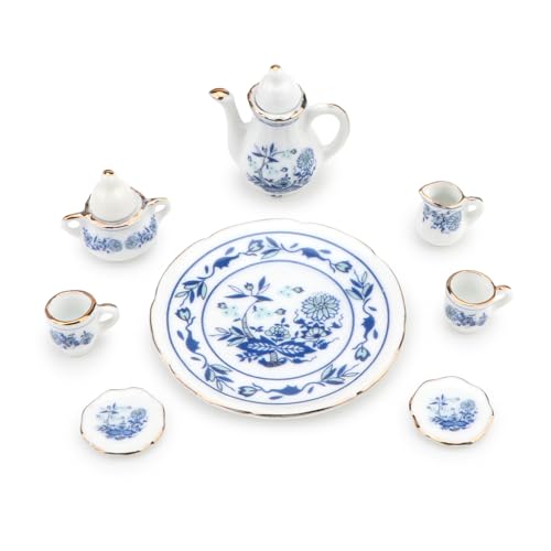 Miniature Tea Set 1/6 Scale Dollhouse Accessories Porcelain Blue Flower - color: Blue