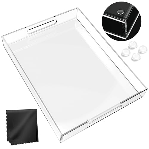 Acrylic Tray 16x12 with Cut Handles - Spill Proof Decorative Tray is an Ideal Countertop Organizer for Living Rooms, Ottoman Coffee Tables, Offices, Kitchens & Serving Guests - color: Transparent, size: 16" x 12" x 2"
