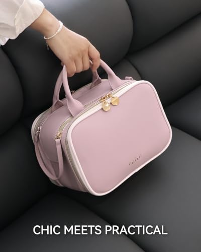 Prite Large Makeup Bag, Waterproof Travel Cosmetic Case with Brush Holder - color: Pink, size: Large