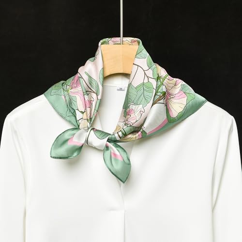 100% Mulberry Silk Scarf - 21" Square Lightweight Neckerchief, Gift Packed - color: Green-flowers