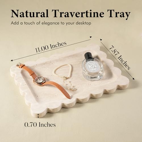 Koville Romano Travertine Vanity Tray, 11"x8" Natural Stone Organizer Tray for Countertop Bathroom Kitchen Dresser, Marble Decorative Scalloped Tray for Jewelry Cosmetics Perfume Trinket(Beige) - color: Travertine, size: 11" x 7.9" x 0.7"