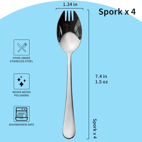 Alata Sporks, 4-Pack Food-grade Stainless Steel Sporks, 7.4 Inches Long Handle Salad Forks For Dessert, Ice Cream, Salad, Soup, Noodle, Spaghetti, Dishwasher Safe - size: Silver