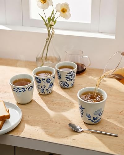 6 oz Chinese Tea Cups, Coffee Cups Ceramic, Handle-less Espresso Cups - color: Blue- Plants 1