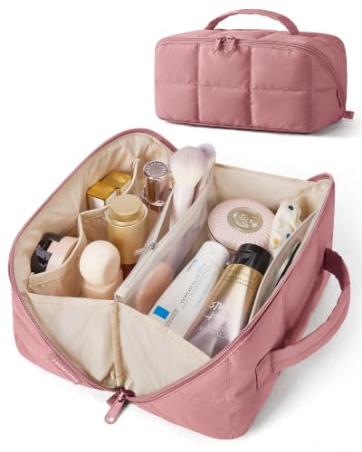 BAGSMART Structured Travel Makeup Bag, Wide Open Toiletry Organizer - color: Dark Pink