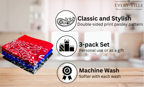 Every-ville Cotton Bandana Handkerchief for Men & Women, 3 Pack - color: Red/Black/Blue