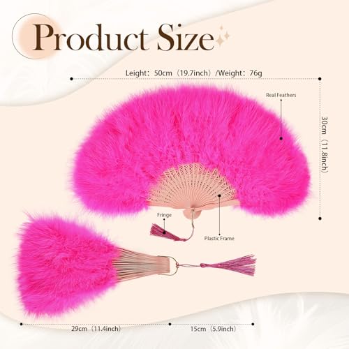 whitefeather Vintage Feather Hand Fan, 17.7 x 11.8 inches, Marabou Feathers, 1920s Style for Costume Parties, Tea Parties - color: Hot Pink