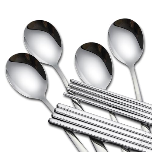 4 Set Korean Chopsticks and Spoons, Stainless Steel Metal Set, Reusable Flat Long Handle Set for Home, Kitchen or Restaurant - color: 4 chopsticks and 4 spoons set
