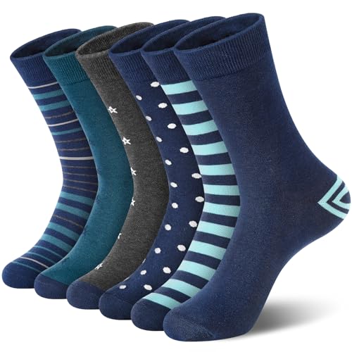 Cotton Crew Socks for Women, Casual Novelty Funny Dress Socks - color: Navy Stripes Dot
