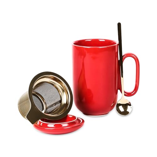vicrays Ceramic Tea Mug Infuser - Large Cup 16 oz Hot Loose Steeping Handle Teacup with Leaf Infuser Spoon Lid - Tall Glazed Strainer Coffee Mug Microwave Safe - Red - color: Scarlet Red