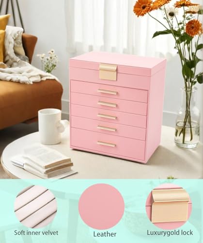 BOOVO Jewelry Boxes for Women, White and Black 6 Layer Large Jewelry Box for Necklace, Bracelet, Earrings, Rings Storage, Jewelry holder Organizer for Girls Gift (Pink, 6 layer) - color: Pink, size: 6 layer