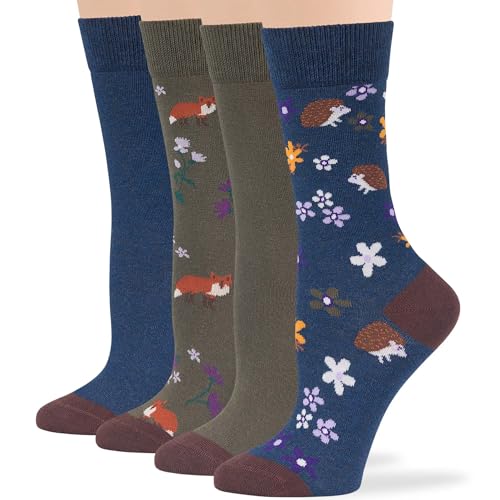 7BIGSTARS Women Cotton Crew Socks, Patterned 4 Pack, M 5-9 - L 8-12 - color: 13 - Light Navy, Olive Green (A34), size: 5-9