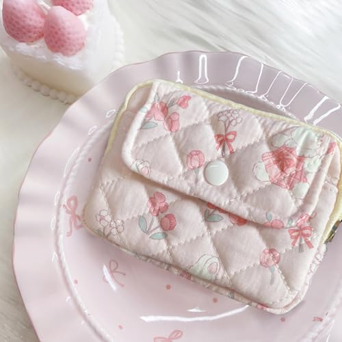 Cute Prints Cotton Quilted Coin Purse for Women Girls - color: PLAID RABBIT