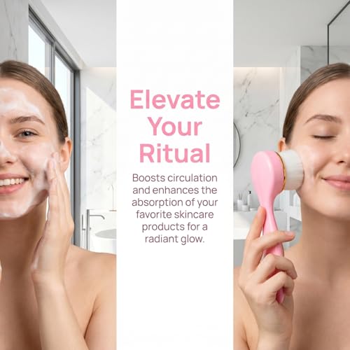 Luxshiny Face Washing Cleansing Brush Tool Manual Facial Brush with Soft Plastic Bristles for Women Deep Pore Cleansing and Skin Exfoliation, Pink