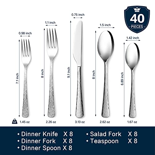 Silverware Set for 8, 40 Piece Flatware Set, 18/10 Stainless Steel - color: Silver, size: 40-Piece