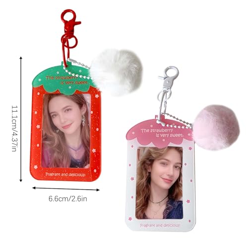 Strawberry Photocard Holder Keychain - Acrylic Photo Protector with Clear Protective Sleeves, Portable Badge Cover for Bus Card, Student ID (White) - color: White