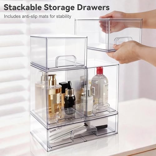 Hvygss Clear Stackable Storage Drawers, Countertop Bottle Organizer 5-Pack