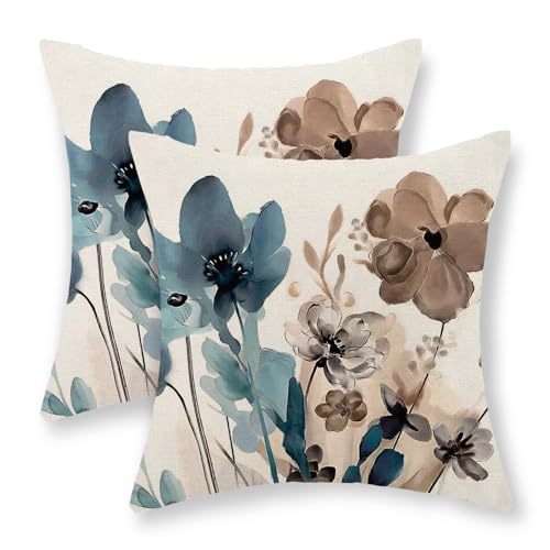 Floral Pillow Covers 18x18 Set of Brown Blue Flower Throw Pillow Covers Outdoor Decoration,Spring Summer Floral Decor Pillowcase Farmhouse Linen Decorative Cushion Cover for Home Sofa Couch - color: Watercolor-floral-blue Brown, size: 18" x 18" (Pack of 2