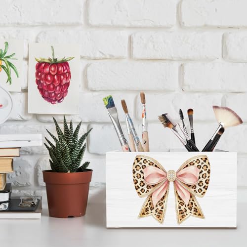 Coquette Pink Leopard Bow Pen Holder for Desk, Preppy Girly Pencil Organizer, Trendy Cheetah Print Bow Wooden Box Sign Desk Decor for Girls Bedroom Dorm Home Office Decoration - color: Pink Leopard Bow