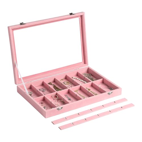 Frebeauty 24 Grid Earring Organizer,Velvet Jewelry Tray with Clear Lid - color: Pink, size: 24 Grid