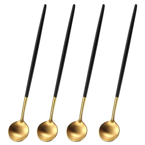 DEHOV 4 PCs 9 Inches Brush Gold Stainless Steel 304 Iced Tea Spoons With Black Handle,Long Handle Coffee Stirring Spoon,SS18/10 Long Latte Spoons Set - color: Gold-Black Handle, size: 9 Inch