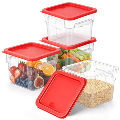 4Pack - 6QT Food Storage Containers with Lids & Handles, Polycarbonate Clear Airtight Food Container with Scale Marks for Bread Proofing, Flour, Commercial Grade, Restaurant & Kitchen, Square, Red - color: Red, size: 6QT