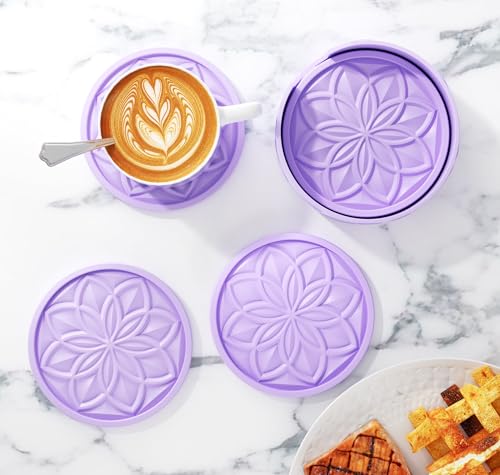 HFHOME Silicone Coasters Set for Drinks - 6 Pack With Holder, Table Cup Mat for Coffee Table, Desk, Bar - Tabletop Protection Gift - Light Purple - color: Light Purple