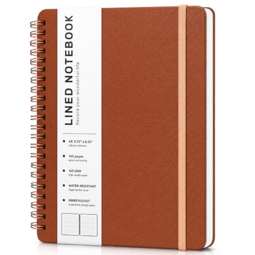 Lined Spiral Notebook for Women, A5 College Ruled Leather Spiral Journals - color: Brown, size: A5