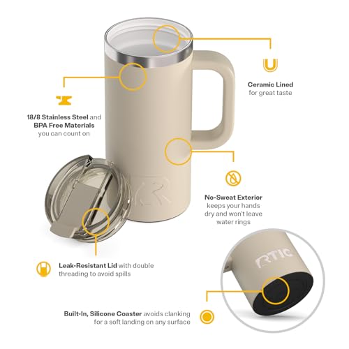 RTIC 16oz Road Trip Travel Mug with Lid and Handle, Ceramic Lined, Beach - color: Beach, size: 16 Ounces
