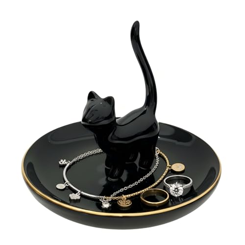ROSA&ROSE Cat Ring Holder Trinket Tray Ceramic Jewelry Dish Porcelain Ring Organizer–Gift for Women,Girlfriend,Wife,Birthday or Anniversary (Black) - color: Black