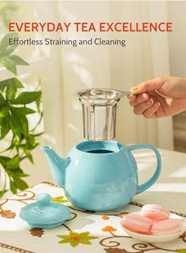 Sweese Teapot, Porcelain Tea Pot with Stainless Steel Infuser, Blooming & Loose Leaf Teapot - 27ounce, Turquoise - color: Turquoise, size: 27oz (with infuser)